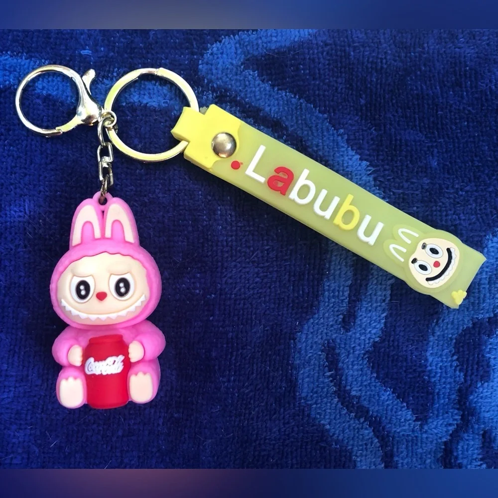 Labubu Pink Bunny with Coca Cola Keychain and Yellow Wristlet Strap NEW & CUTE
